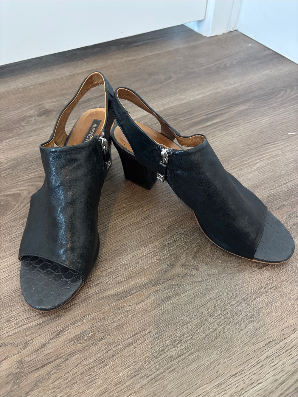 Alberto Fermani aF Black Italian Leather Peep Toe Sling Back Block Heel Sandals